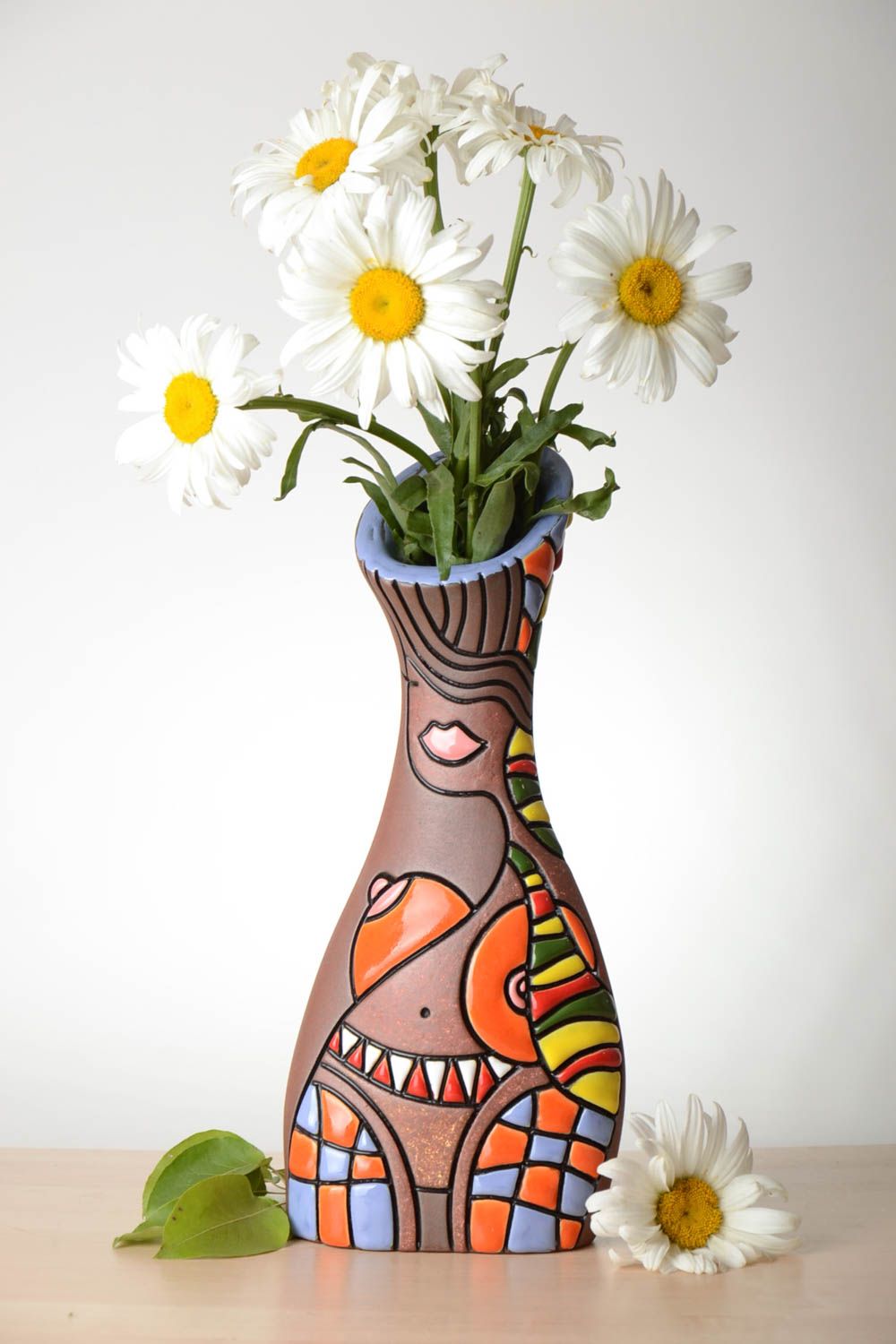 14 inches handmade clay hand-painted vase in surrealistic style 2 lb photo 1