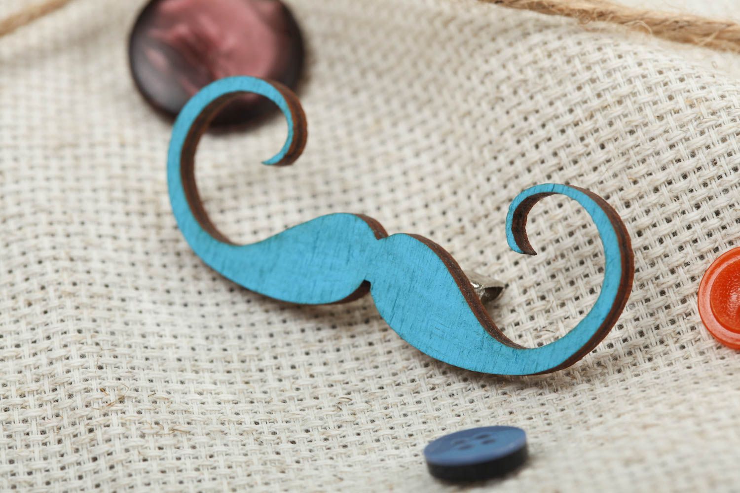 Blue plywood brooch painted with acrylics in the form of mustache hand made photo 1