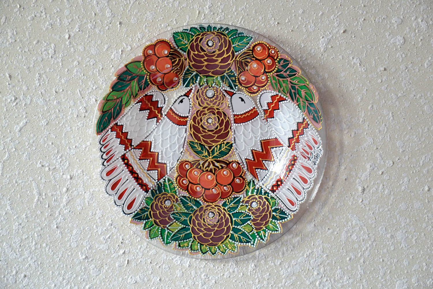 Prato de parede decorativo de vidro com pintura artesanal decoração do interior Pássaros foto 1