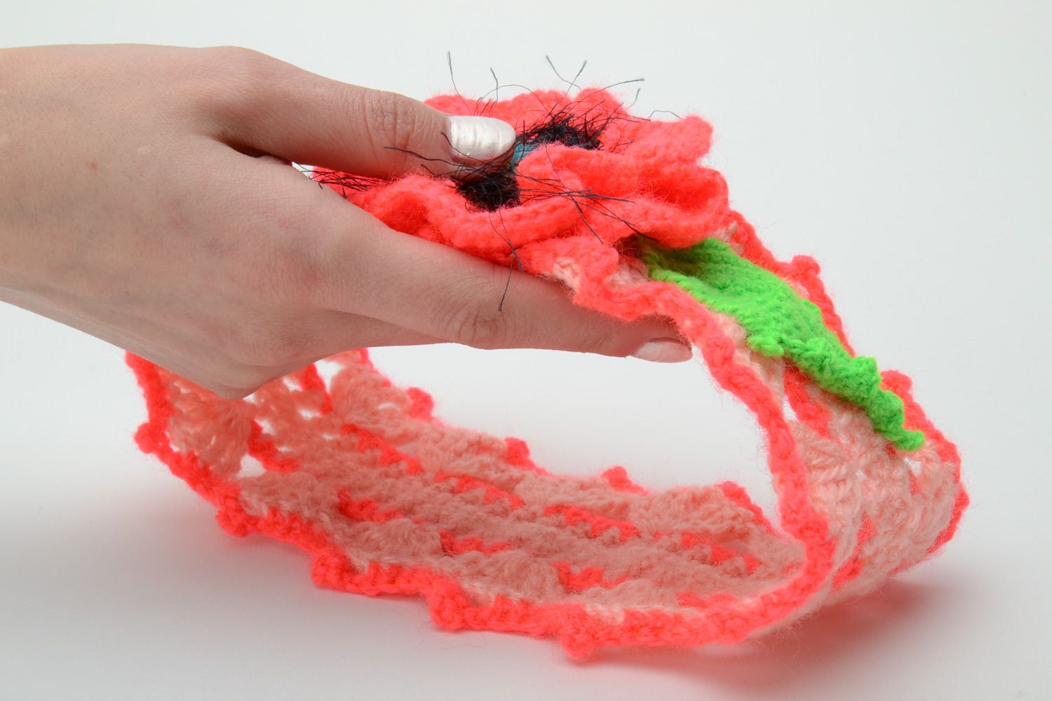 Large bandeau tricoté au crochet avec fleur de pavot rouge fait main pour femme photo 5