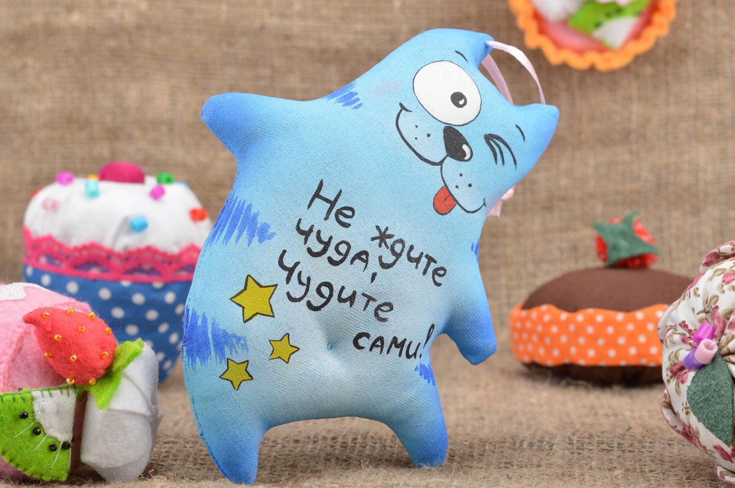 Handmade designer soft toy sewn of cotton fabric funny blue cat with lettering photo 1
