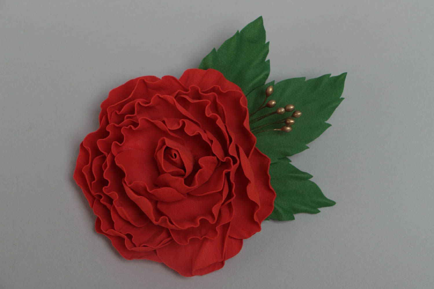 Handmade designer brooch with large volume foamiran flower of deep red color photo 2