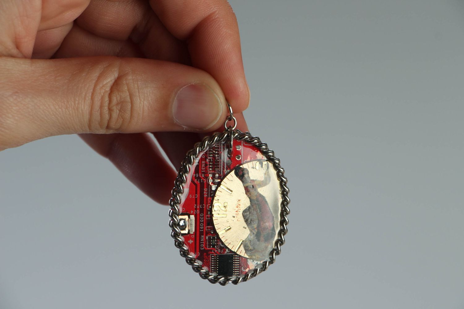 Red cyberpunk pendant with microchips photo 4
