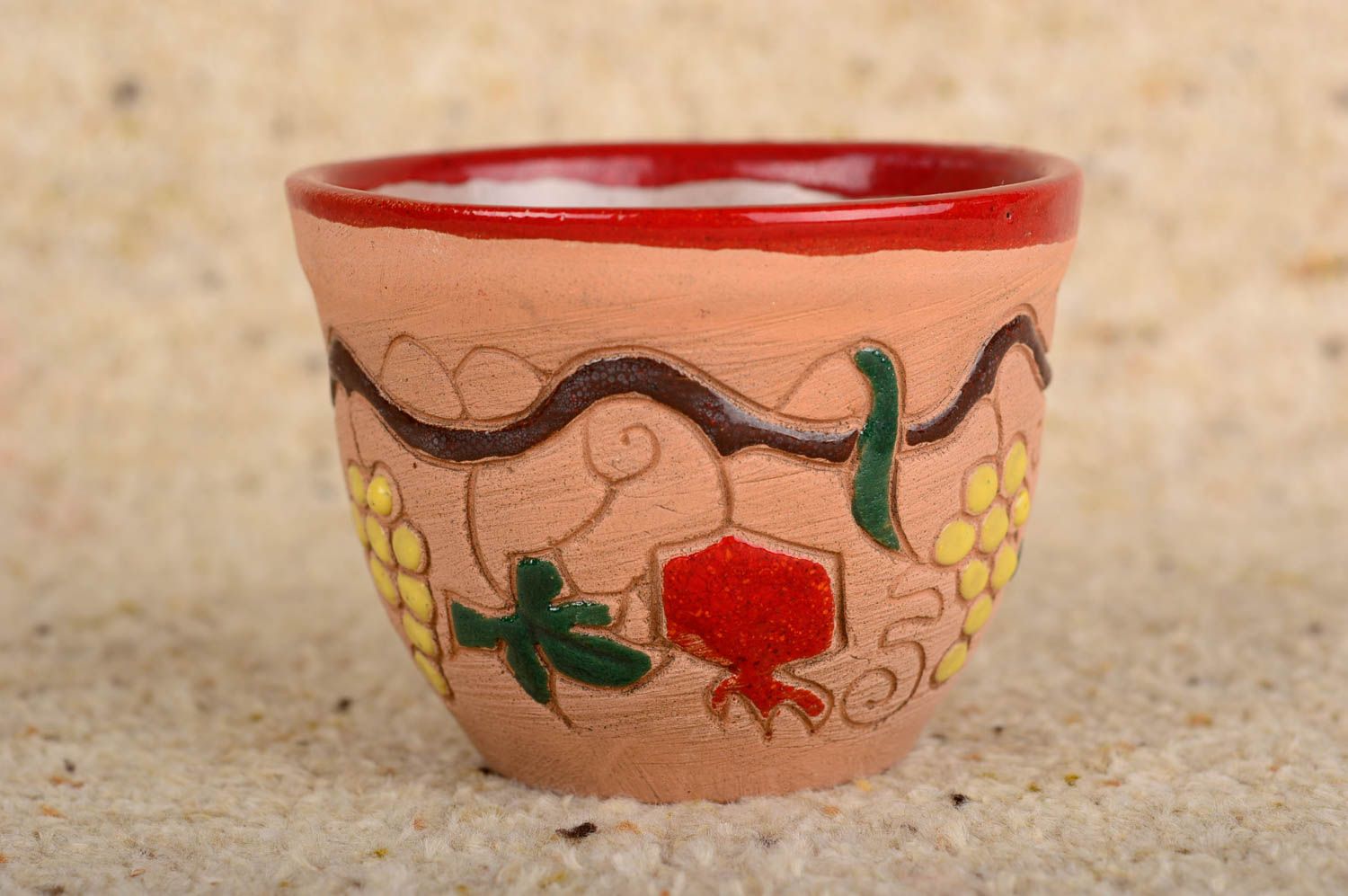 Handmade Becher aus Ton 150 ml Keramik Geschirr originell Küchen Deko bemalt foto 1