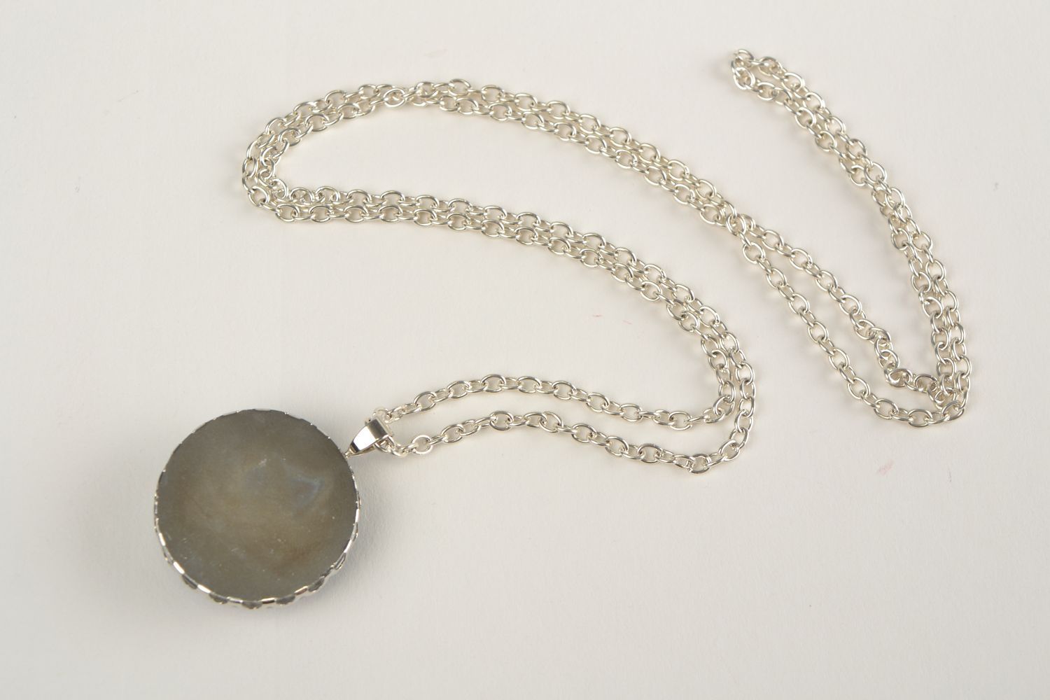 Handmade designer round glass pendant with image of nebula on long metal chain photo 5