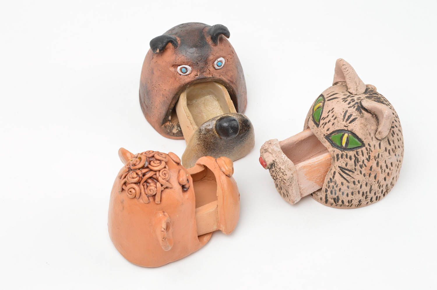 Boîtes en céramique faites main 3 pièces ensemble décoratif singe ours et chat photo 4