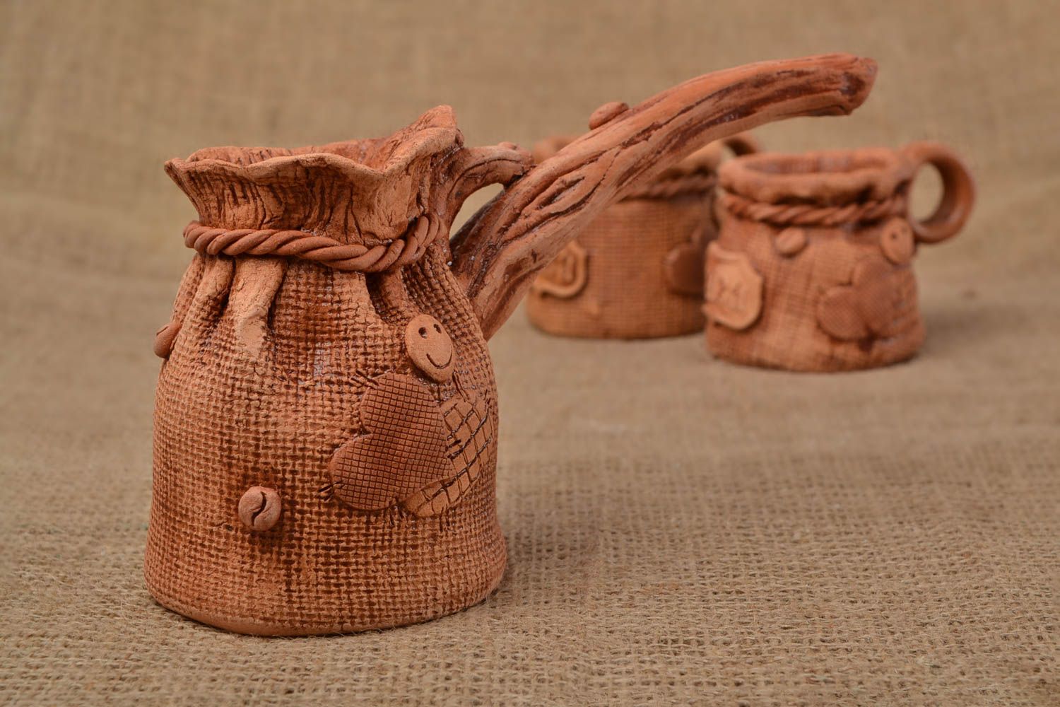 Handmade unusual beautiful ibrik for coffee made of clay with bulk of 150 ml  photo 1