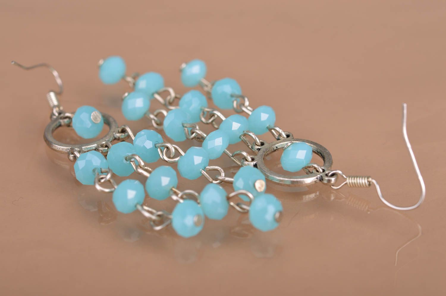 Handmade designer long metal earrings with blue crystal beads festive stylish photo 5