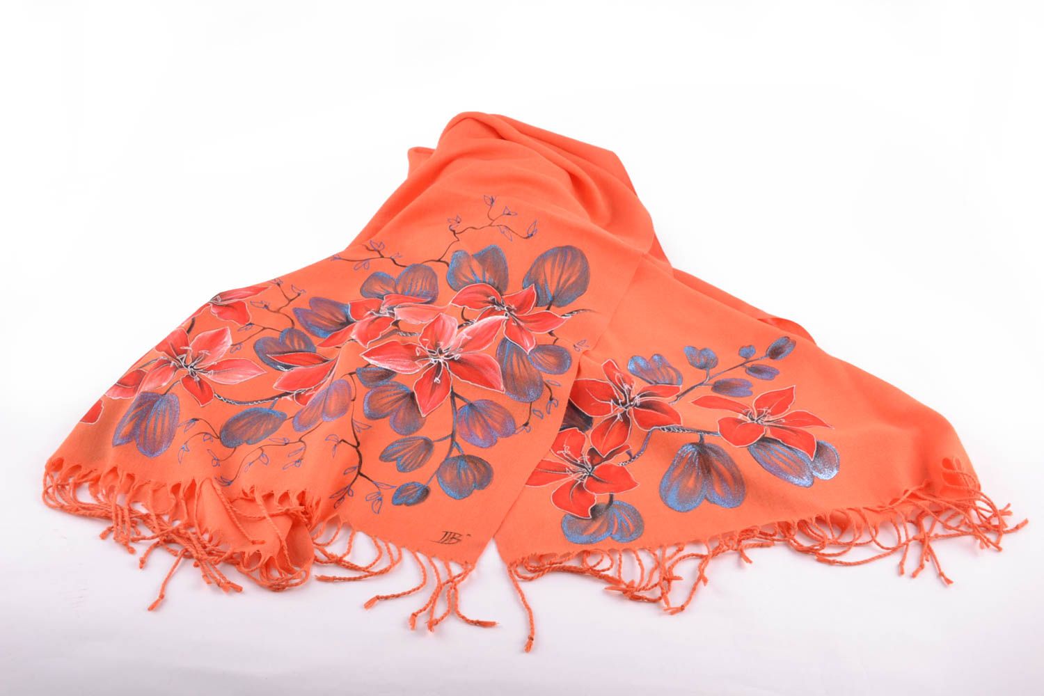 Pañuelo para el cuello de mujer hecho a mano de cachemir anaranjado con pintura largo foto 4