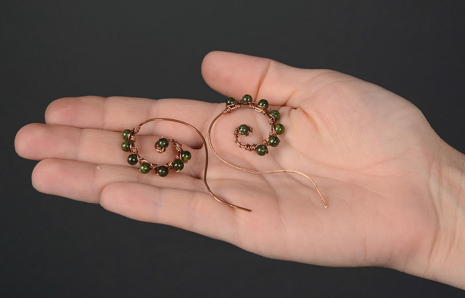 Eaarrings made of copper wire, stone - serpentine photo 5