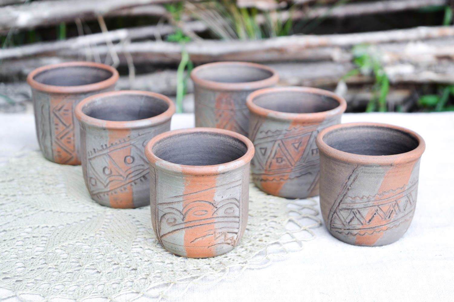 Set of 6 ceramic 5 oz clay cups, not glazed with Italian style olive-brown color photo 1