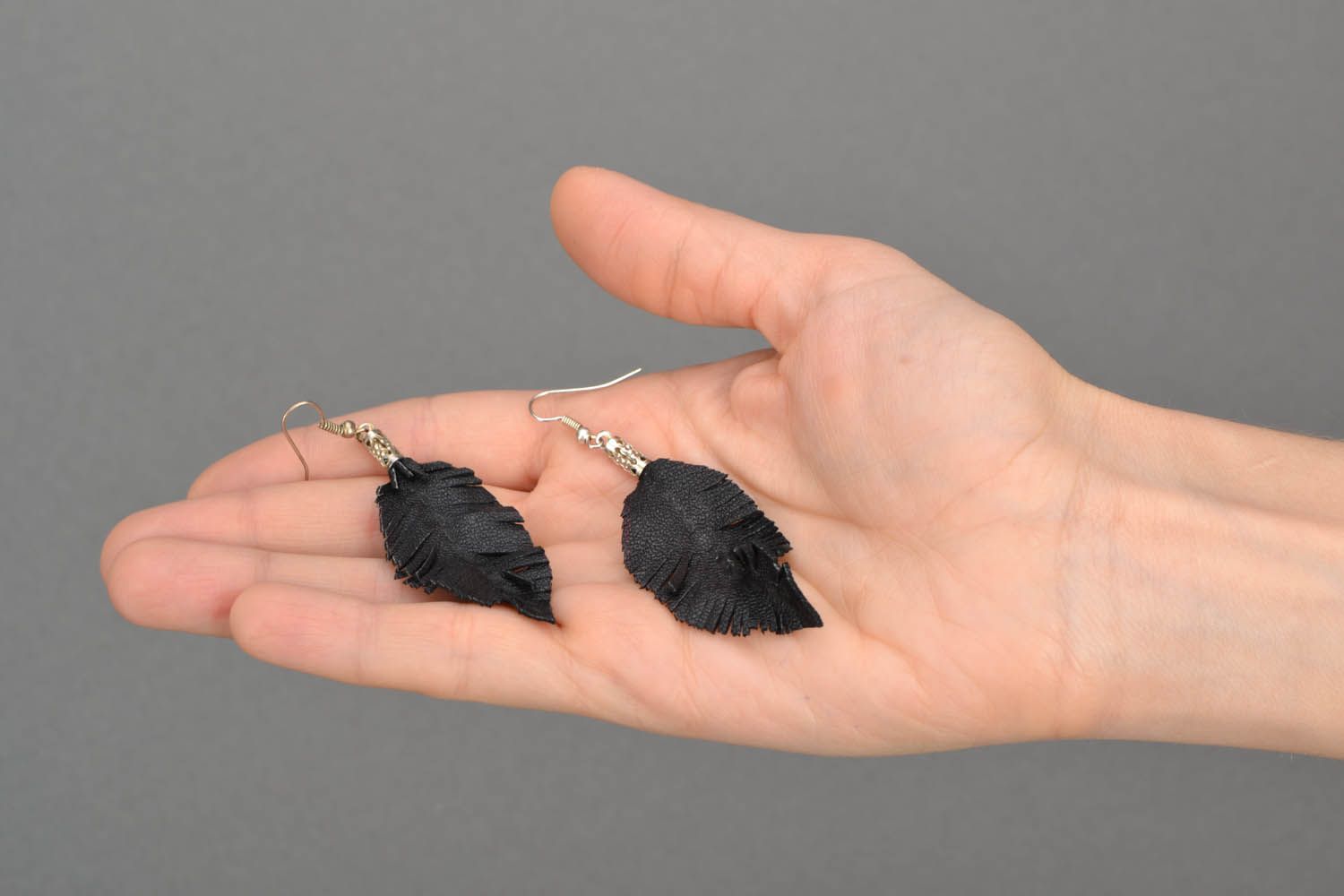 Black leather earrings Feathers photo 2