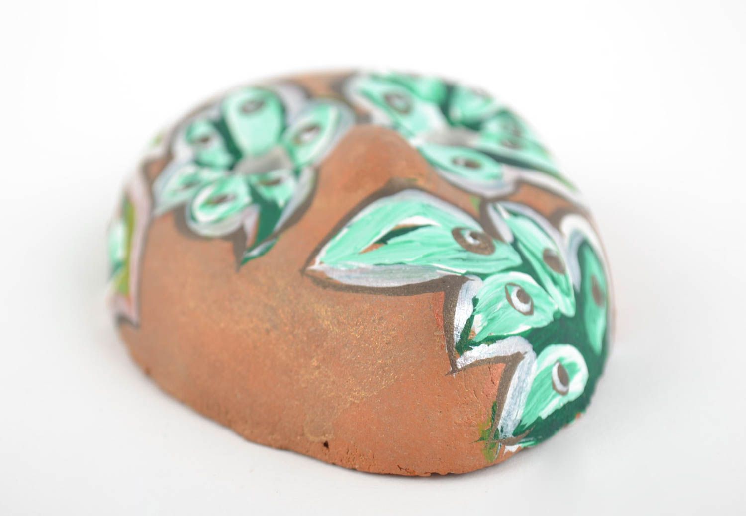 Petit masque mural déco en céramique fait main brun vert original peint  photo 5