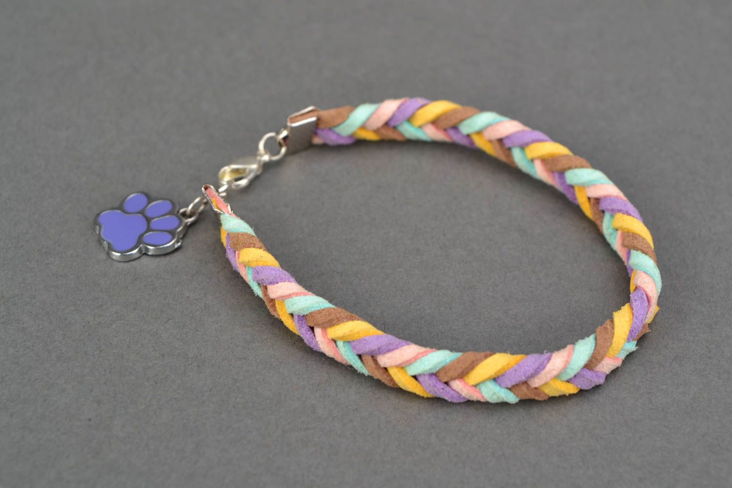 Woven suede bracelet with paw shaped charm photo 4