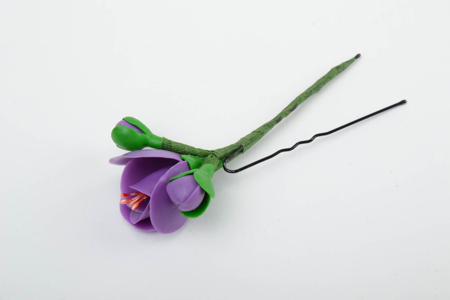 Handmade tender decorative hair pin with cold porcelain violet flower  photo 3