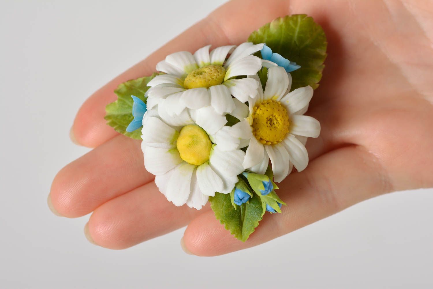 Small handmade designer flower brooch hair clip molded of polymer clay photo 5