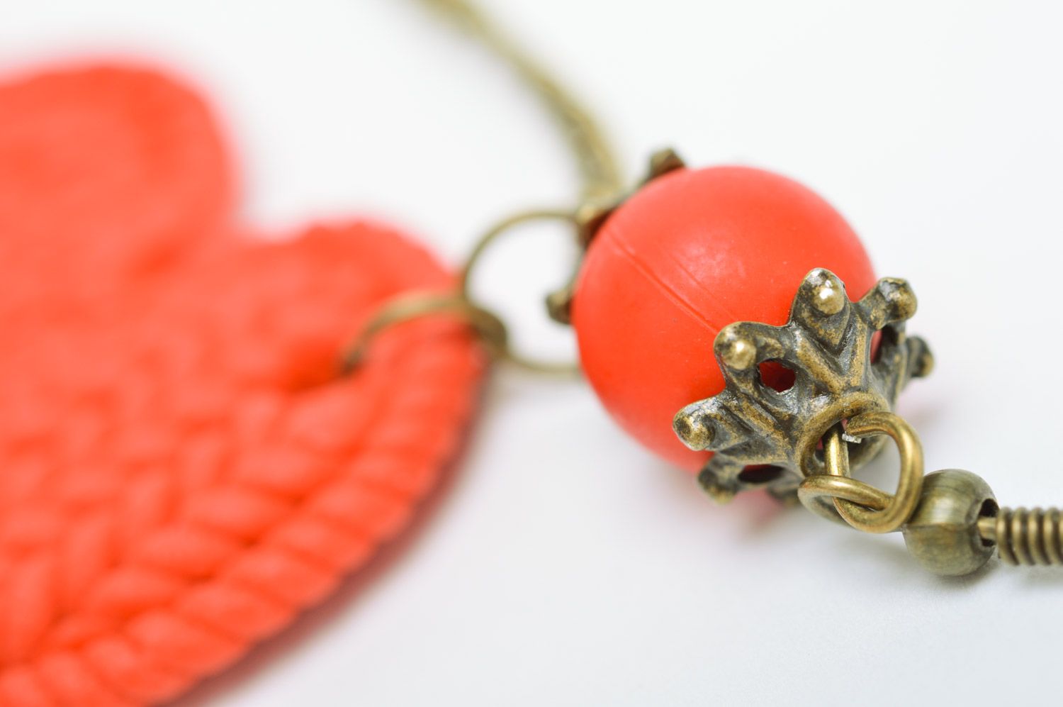 Long handmade earrings with red heart charms and with  knitted texture photo 4