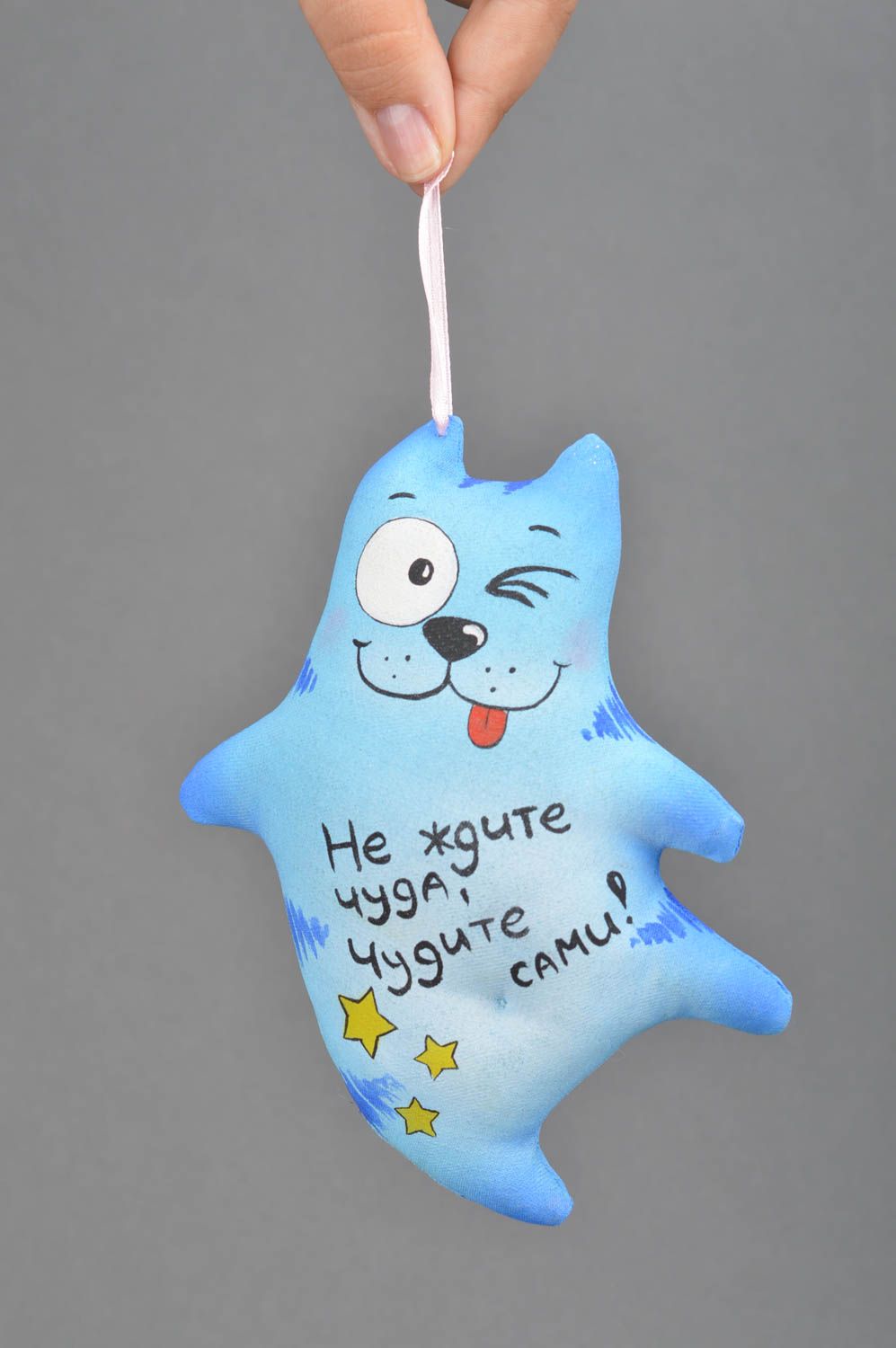 Handmade designer soft toy sewn of cotton fabric funny blue cat with lettering photo 3