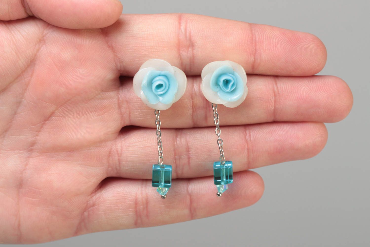 Handmade designer long polymer clay dangling earrings with blue white flowers photo 5