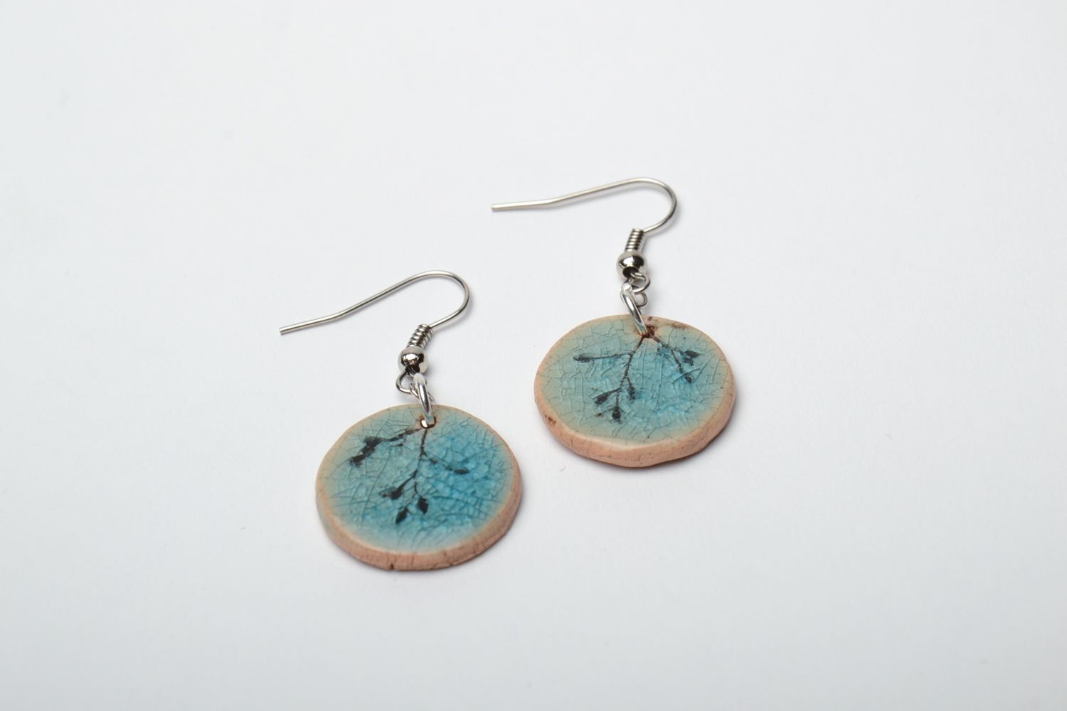 Ceramic earrings with print of plants photo 2