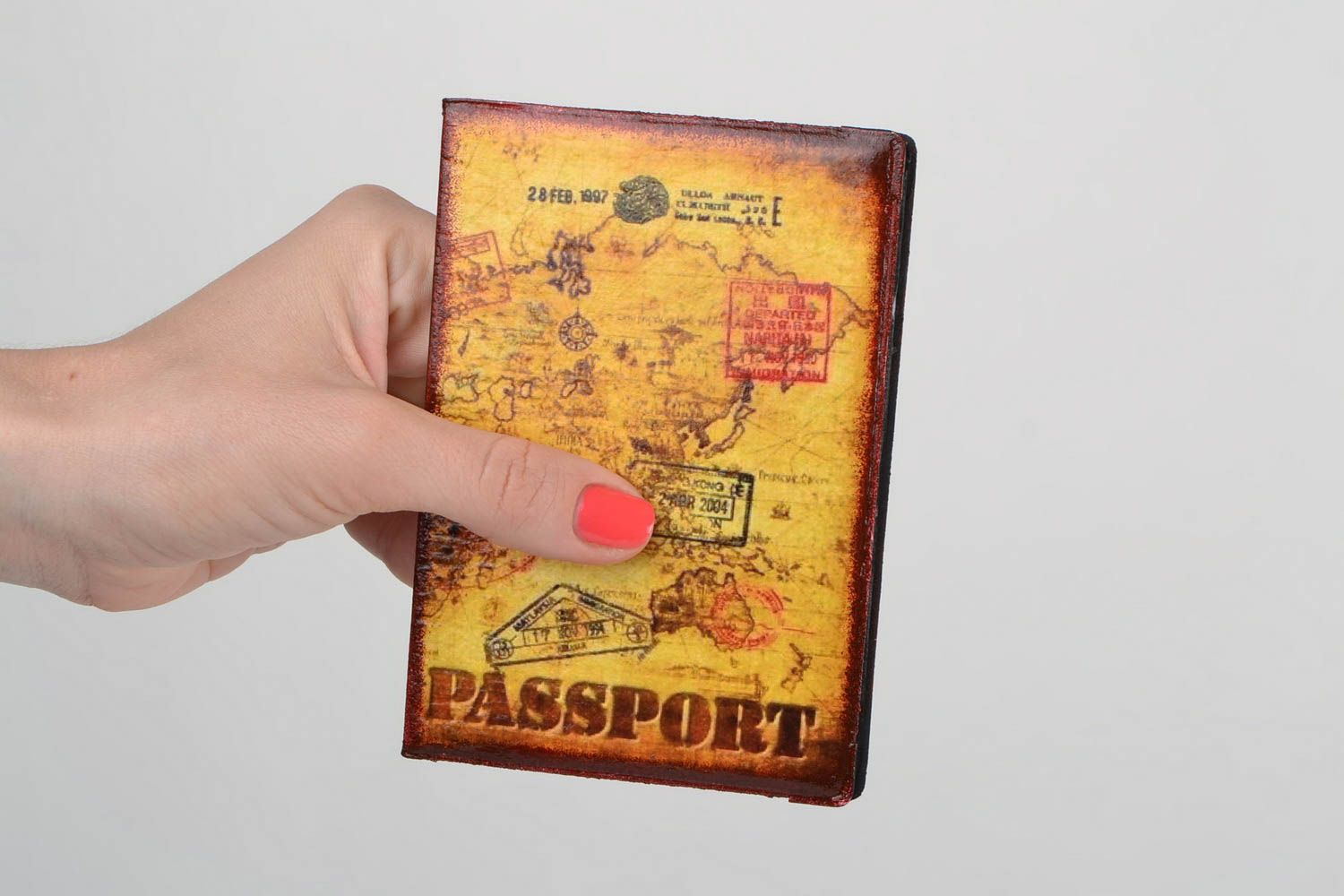 Handmade designer faux leather passport cover with decoupage retro pattern photo 2