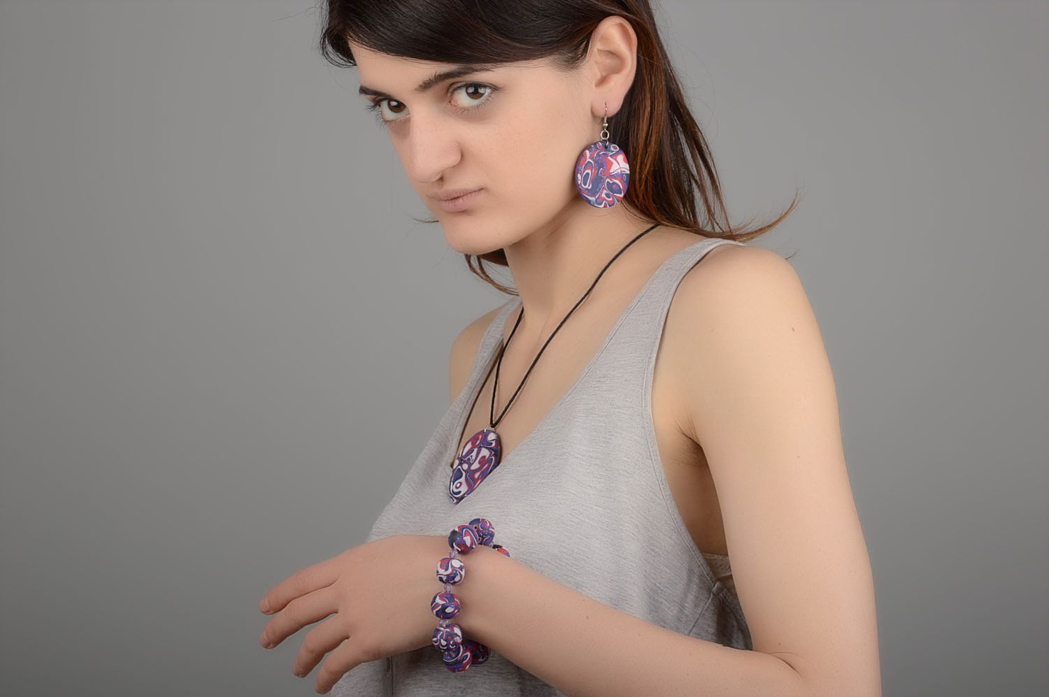 Handmade jewelry set bead bracelet pendant necklace cool earrings polymer clay photo 5