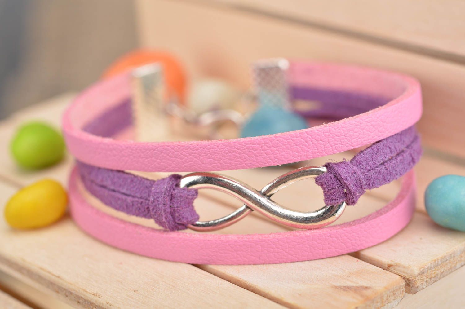 Handmade kid's pink and violet genuine leather wrist bracelet with infinity sign photo 1
