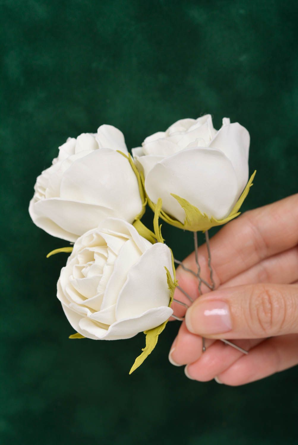 Set of 3 handmade decorative metal hair pins with foamiran white rose buds photo 5