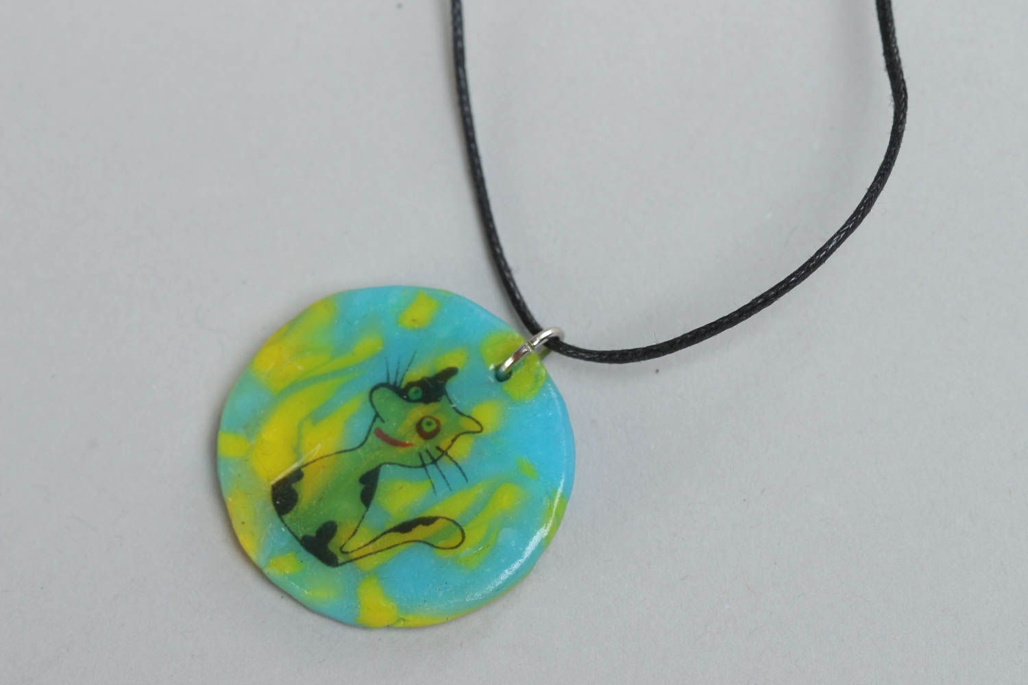 Handmade polymer clay pendant round yellow with blue cord with Cat print photo 2
