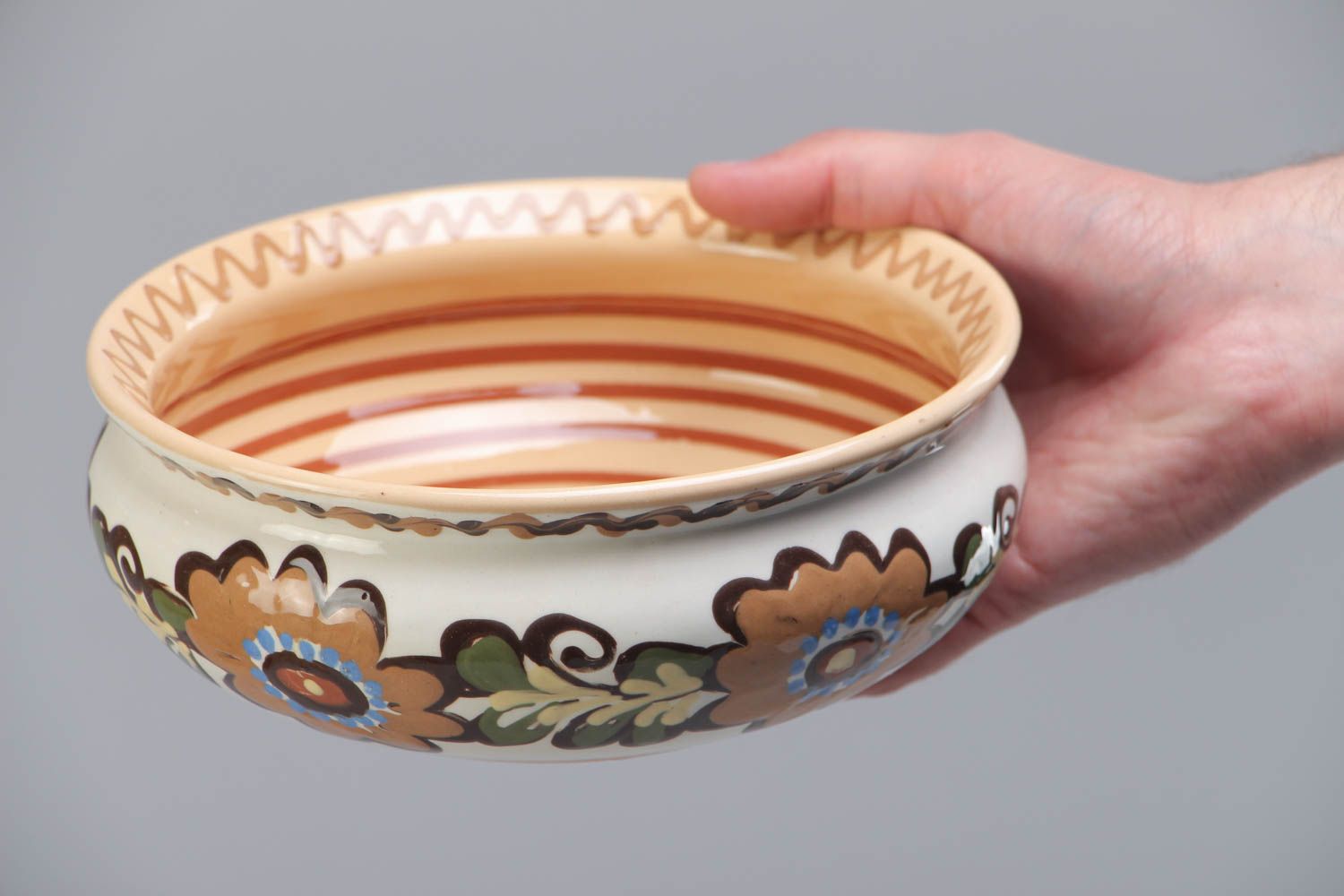 Handmade designer ceramic bowl for 1.3 l painted with colorful glaze with flowers photo 5