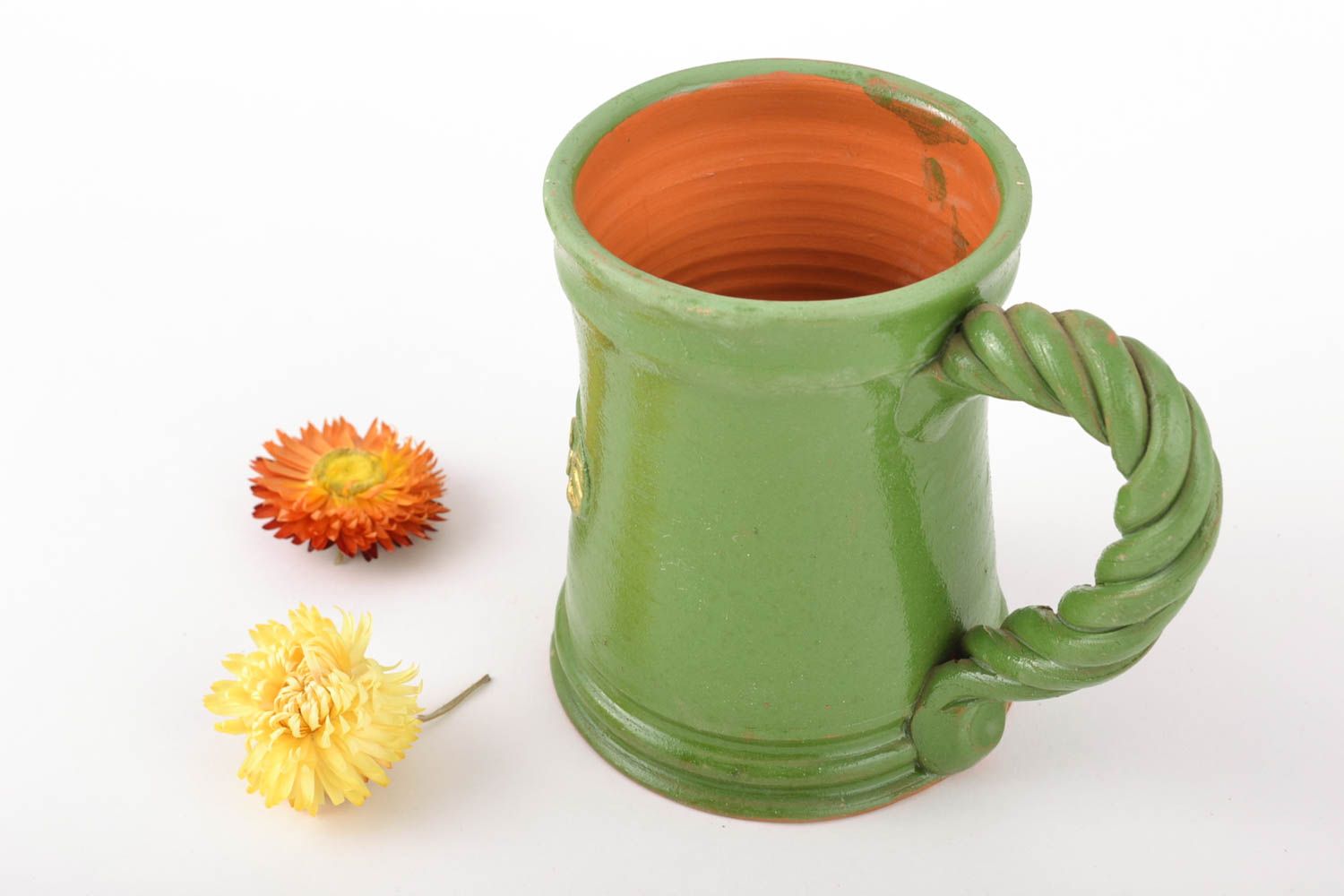Grande tasse céramique verte faite main 1 L originale design pour bière ou thé photo 1