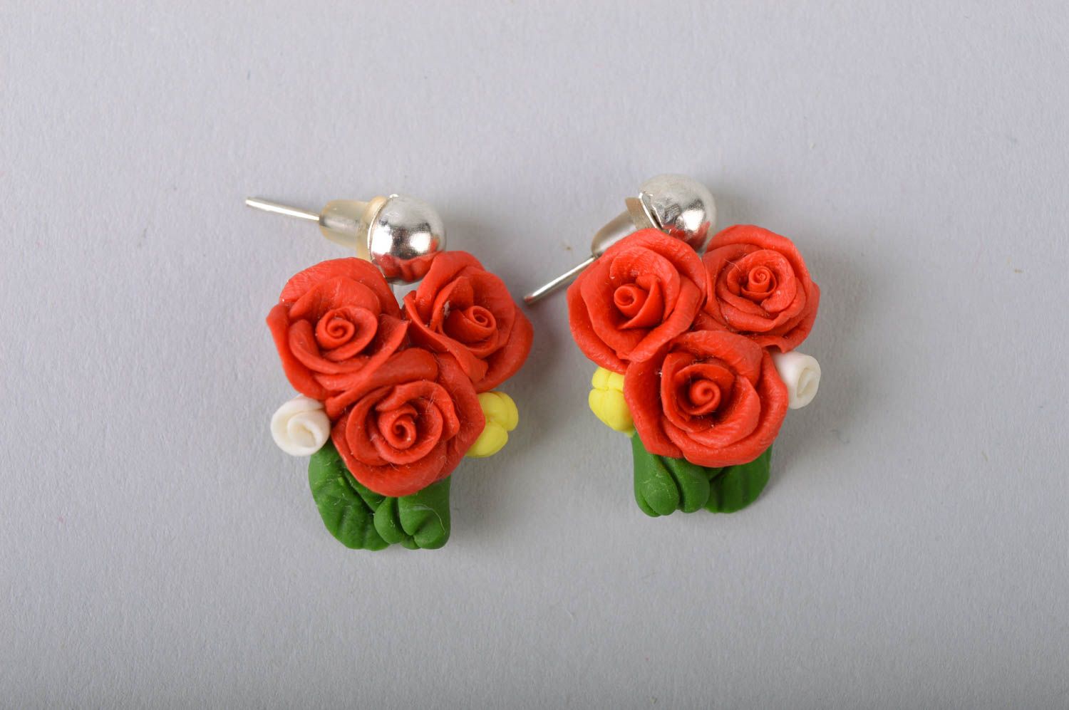Handmade small stud earrings with cold porcelain red rose flower compositions photo 2