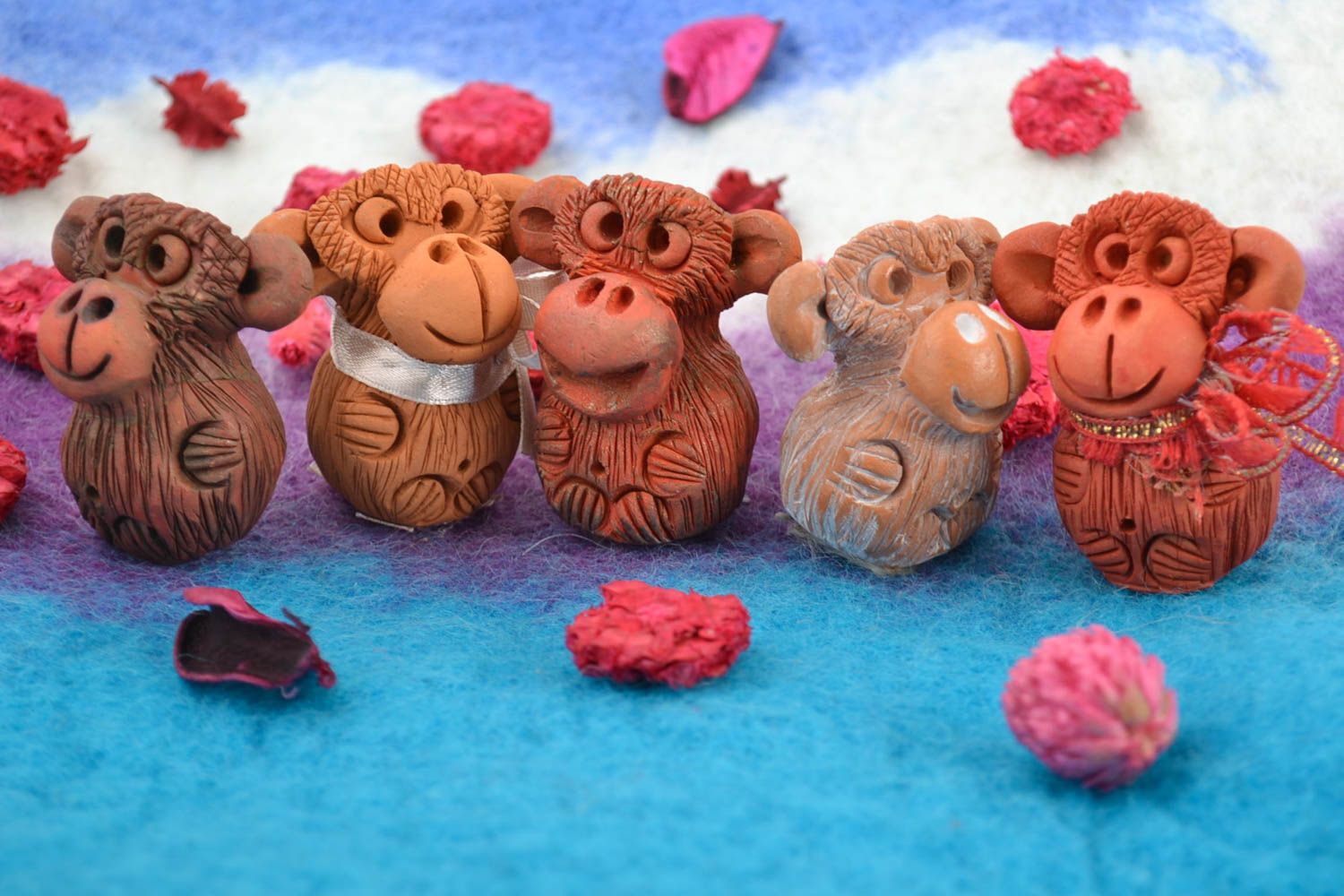 Set of 5 handmade collectible miniature ceramic animal figurines of monkeys photo 1
