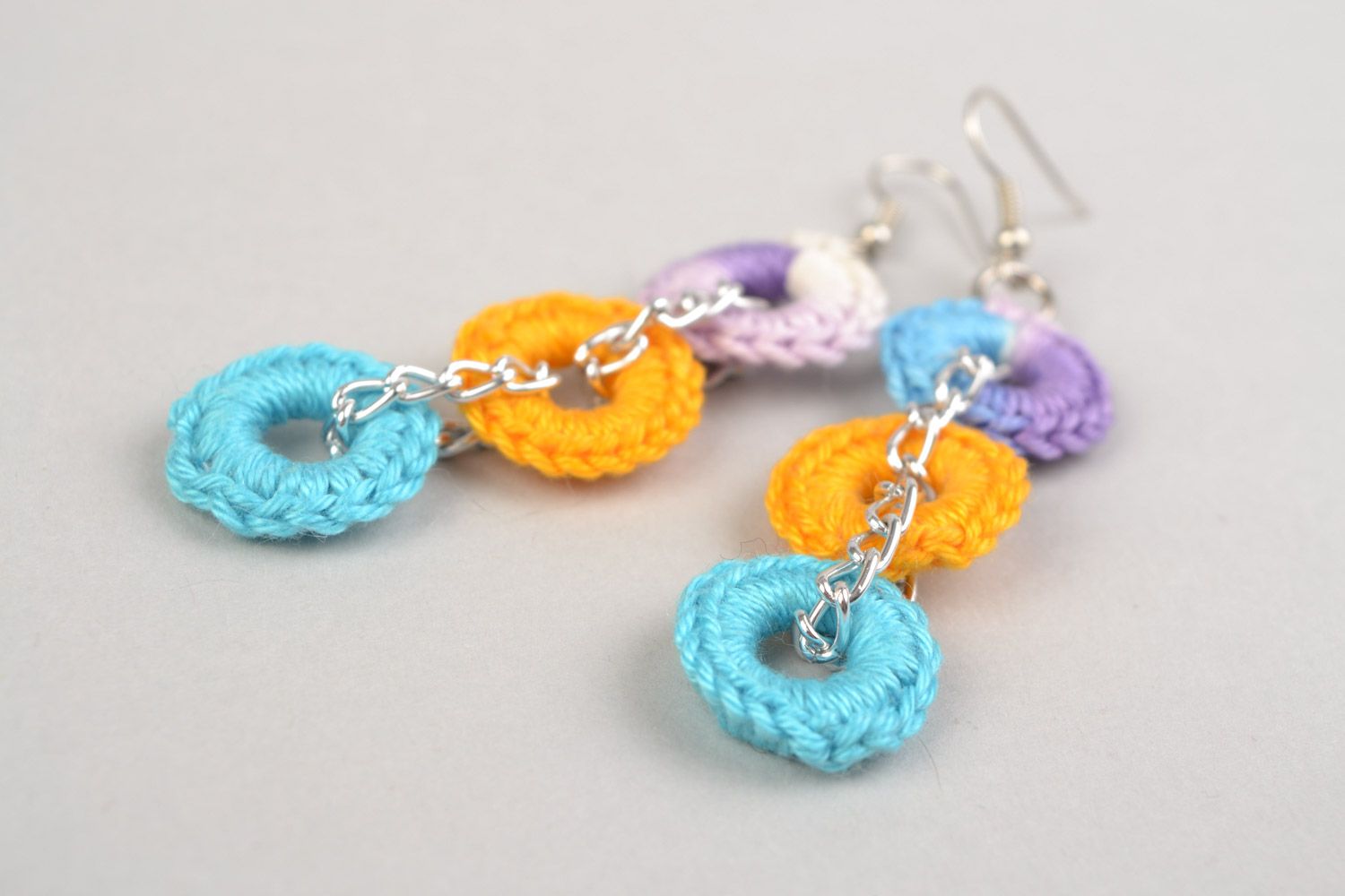 Handmade beautiful long round earrings woven of multicolored threads present for girl photo 5