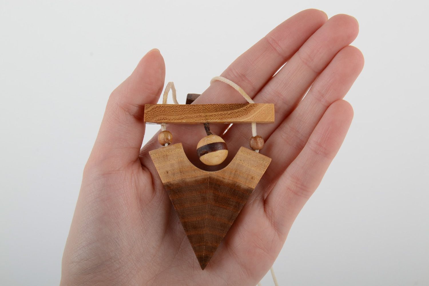 Handmade designer carved wooden neck pendant of triangle shape for women photo 5