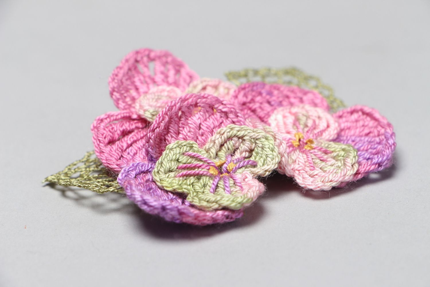 Handmade crochet microfiber brooch Violets photo 2