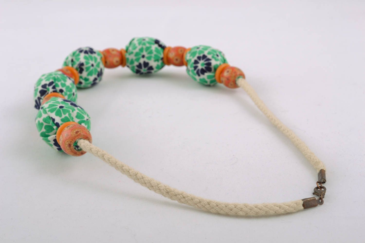 Textile necklace with wooden beads photo 3