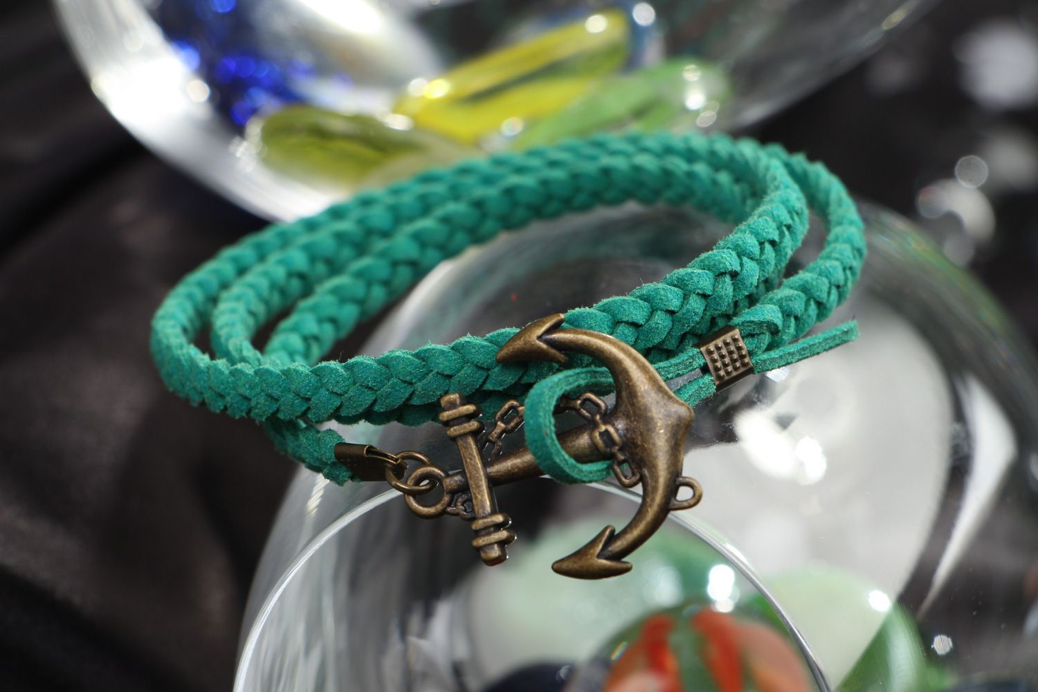 Handmade artificial suede cord bracelet with metal charm photo 4