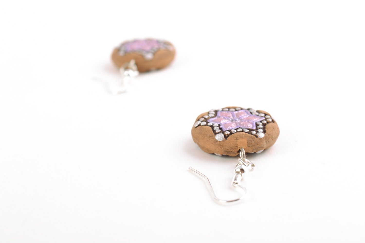 Small round handmade ceramic dangling earrings with tender violet ornament photo 3