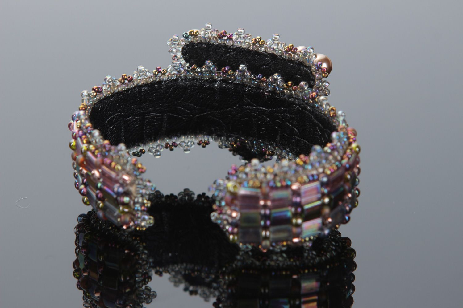 Handmade sparkling wrist bracelet embroidered with beads and Austrian crystal  photo 3