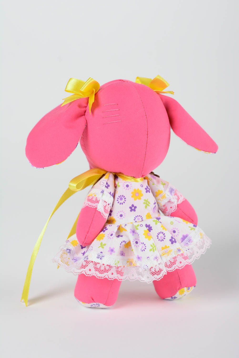 Handmade cotton soft toy pink elephant in floral dress with yellow ribbons photo 4