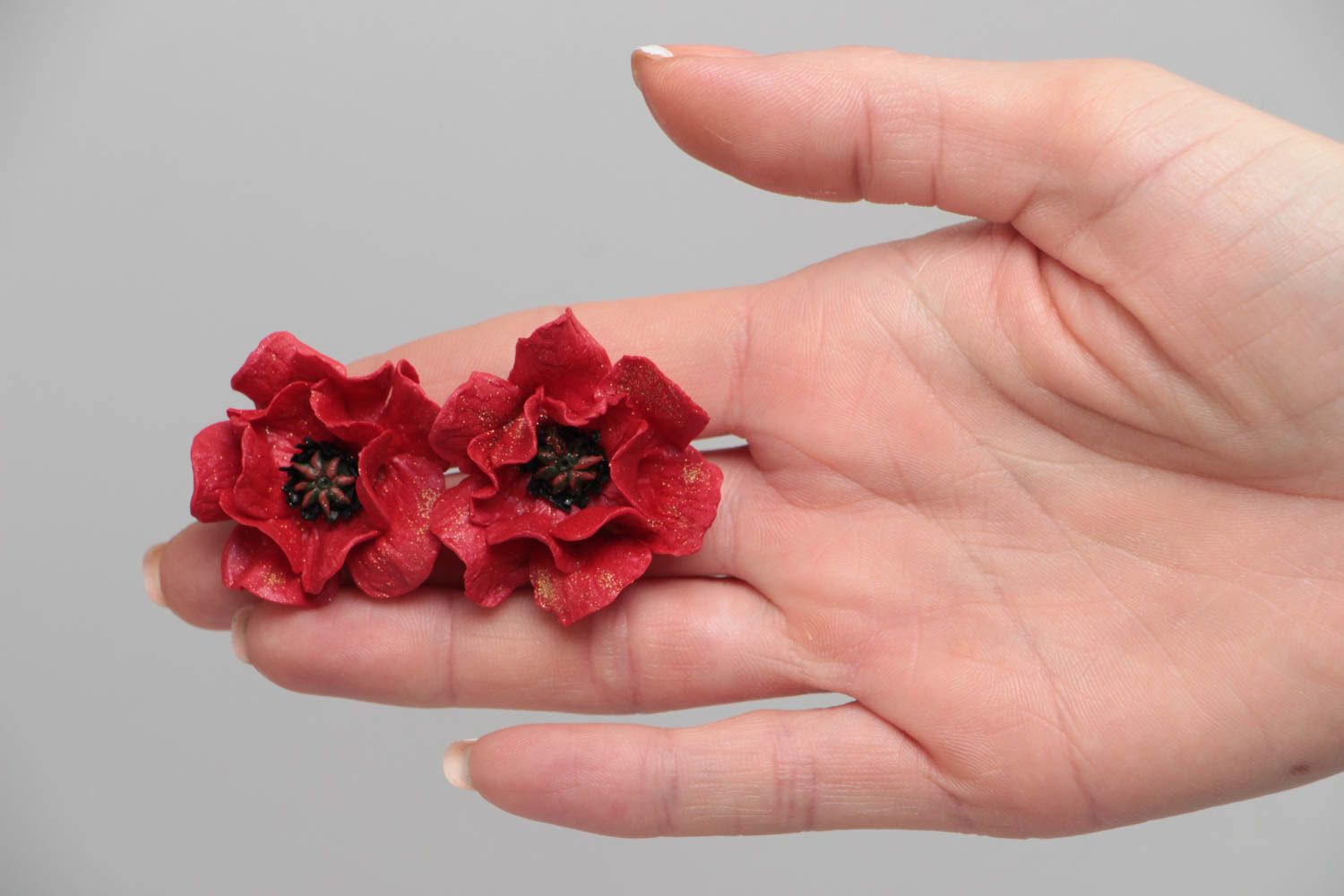 Stud earrings made of polymer clay in the form of red poppies handmade jewelry photo 5