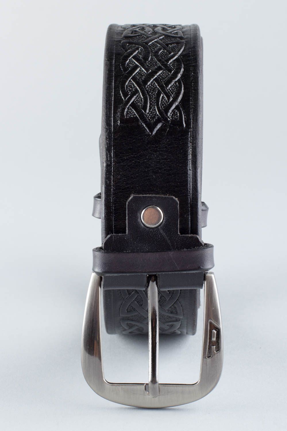 Handmade dark genuine leather belt with embossing and metal buckle Celt for men photo 2