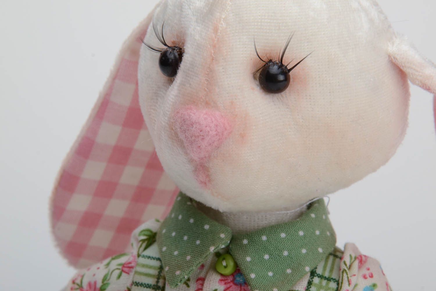 Handmade plush toy rabbit with movable paws in green trousers and floral shirt photo 3