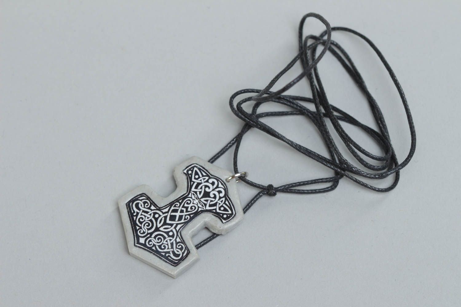 Handmade designer polymer clay pendant with print Thor's Hammer on long cord photo 2