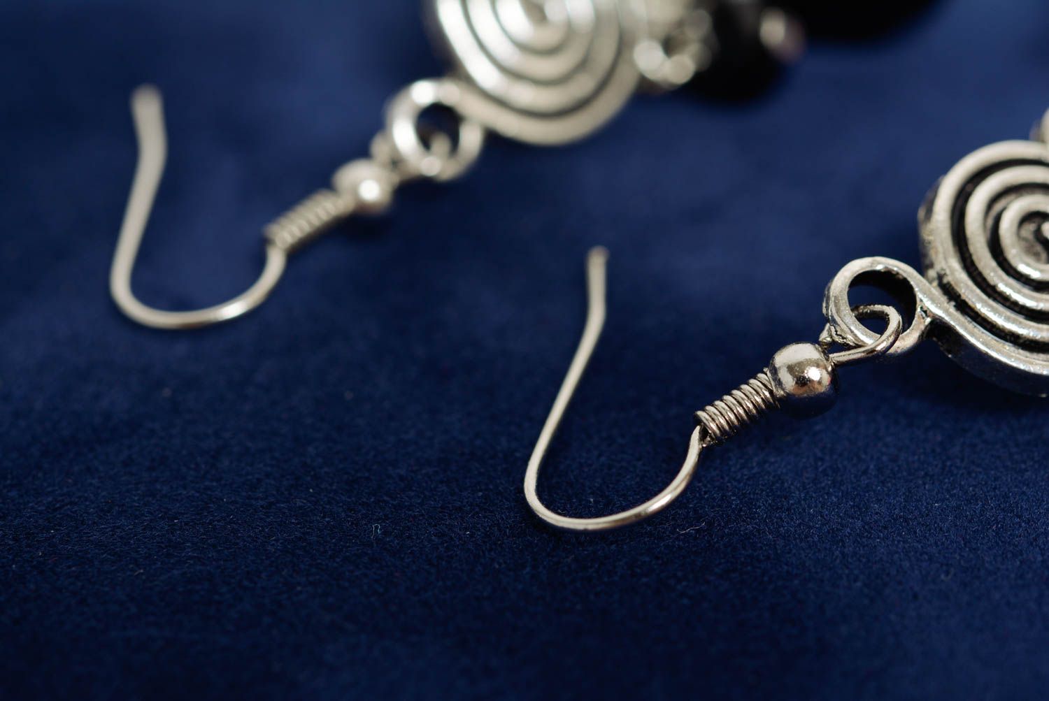 Handmade massive metal earrings with black glass beads photo 5