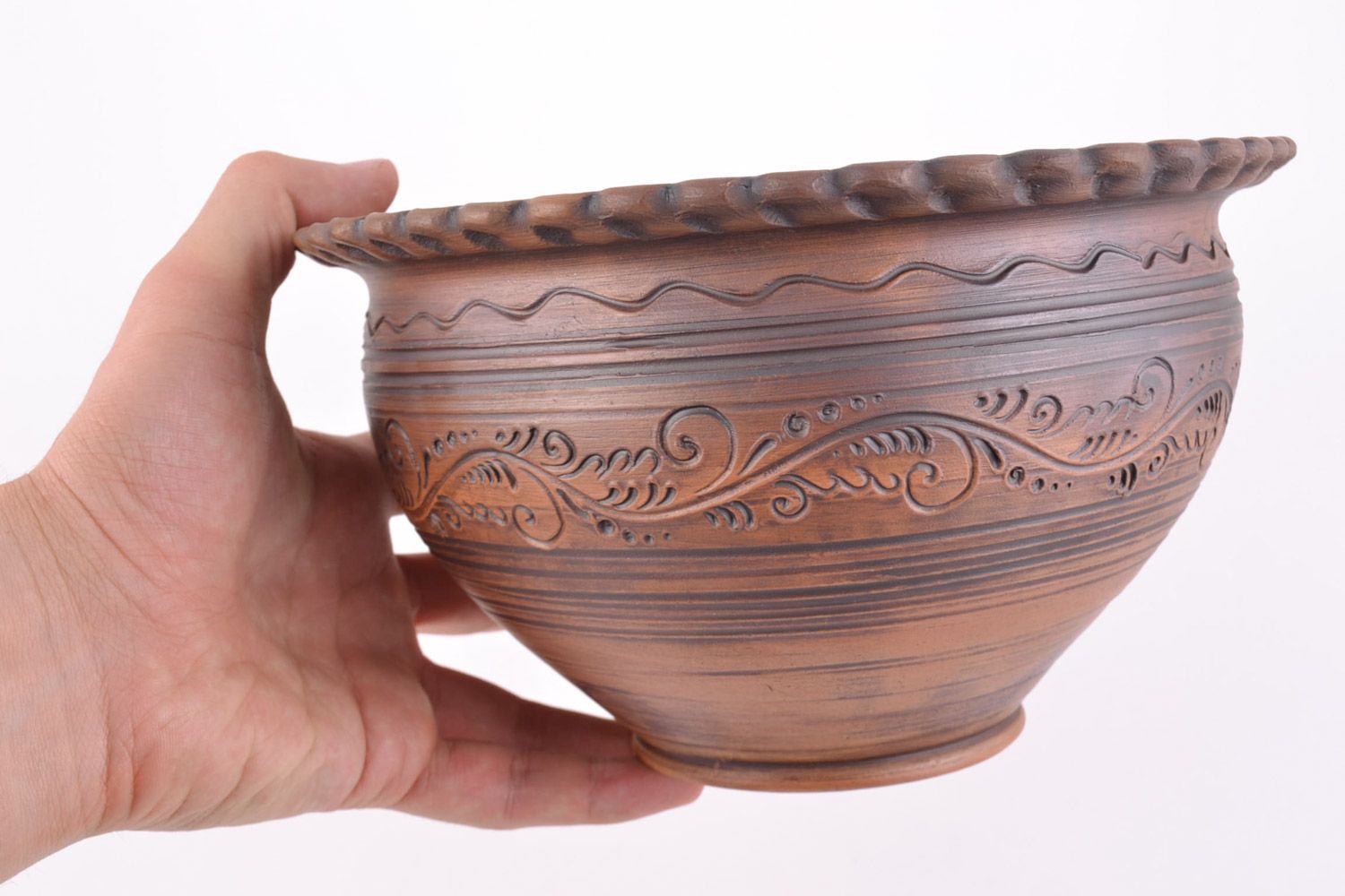Handmade large ceramic bowl with ornaments kilned with the use of milk for 2 l photo 2