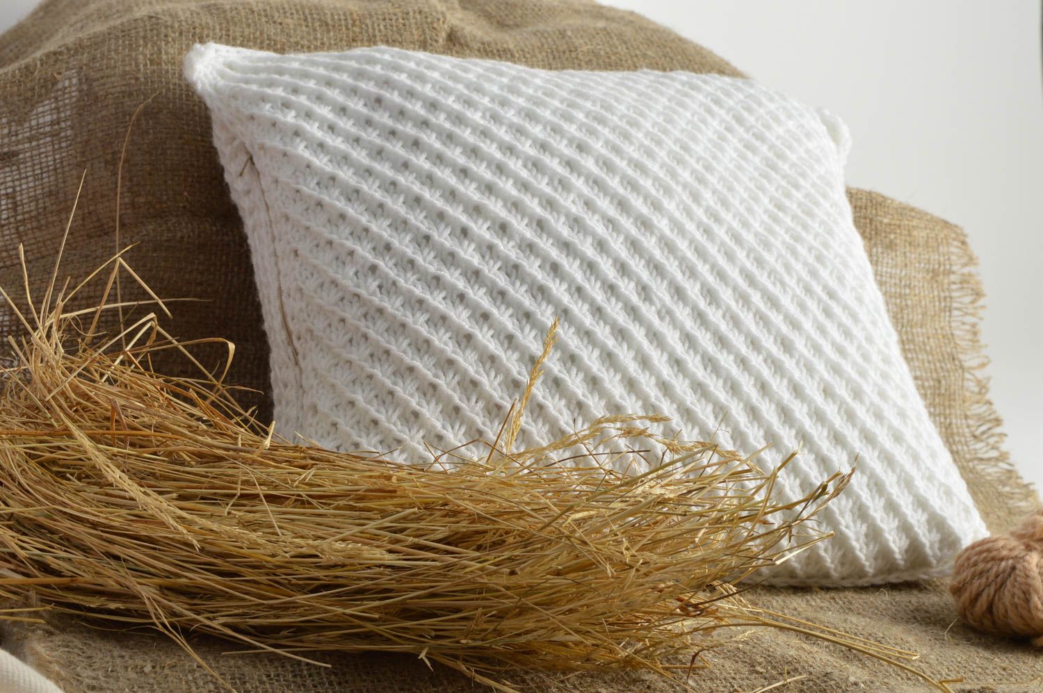 Beautiful handmade designer knitted pillowcase white with pattern home decor photo 1