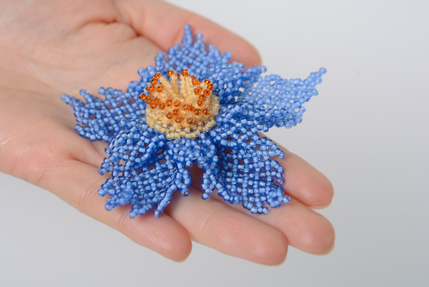 Handmade beautiful brooch woven of beads in the shape of blue flower for women photo 2