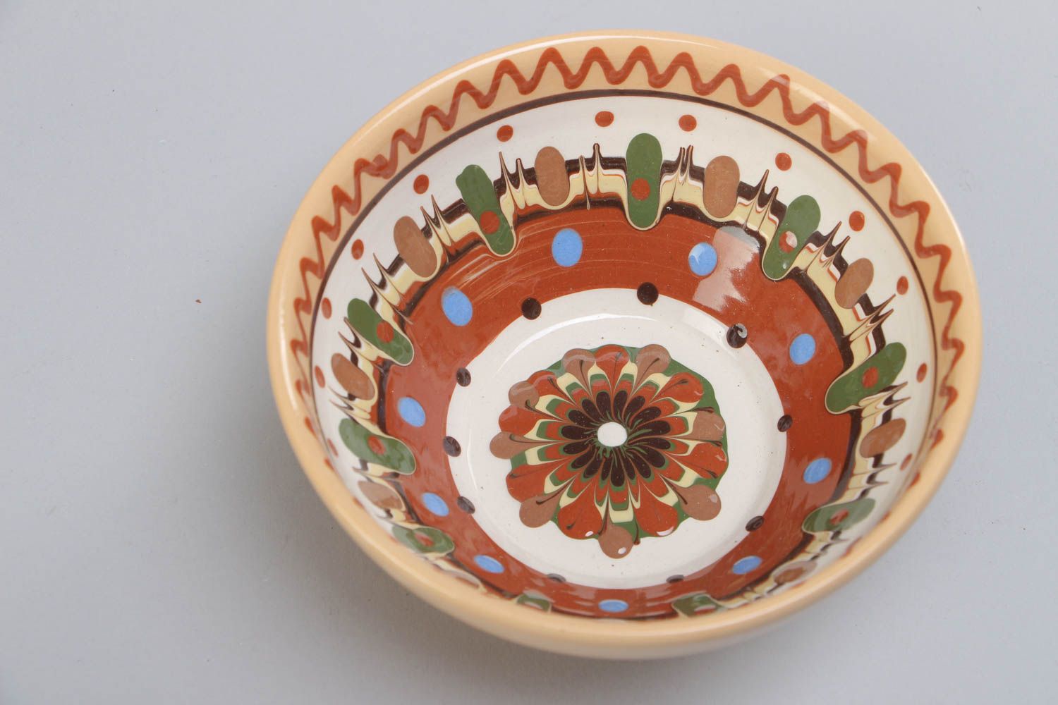 Designer deep ceramic bowl 400 ml with glaze painted ornaments handmade photo 3